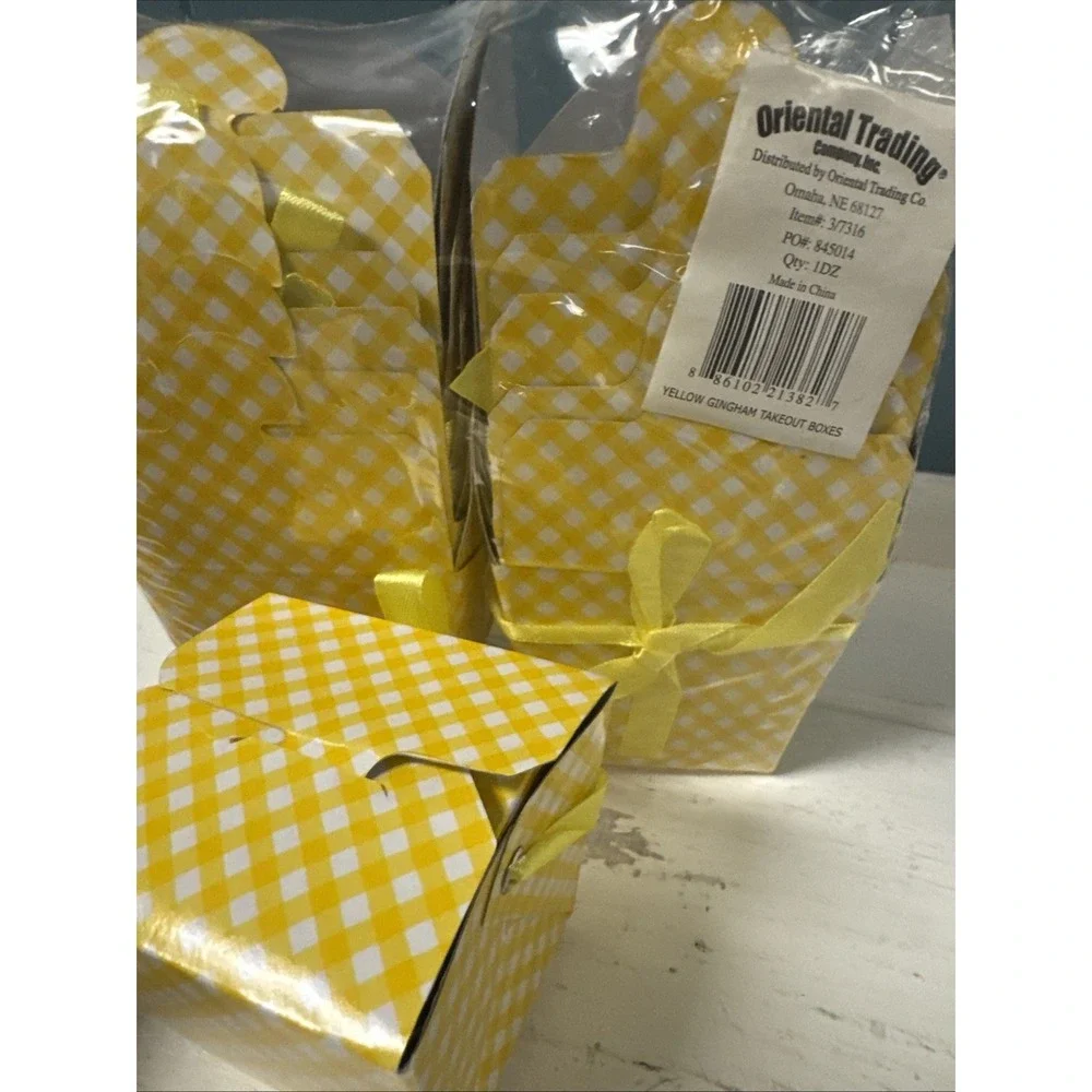 12‎ Mini Take Out Boxes Gingham Yellow White Check W/ Handle Goody Party Favor